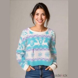 Women’s XS 33 Degrees White and Blue Crew Neck Sweater Nordic Pattern Ugly Chris